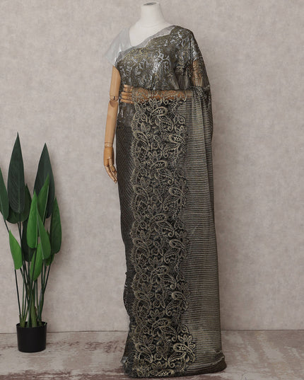 Onyx Black Gold Paisley French Lace Saree Fabric