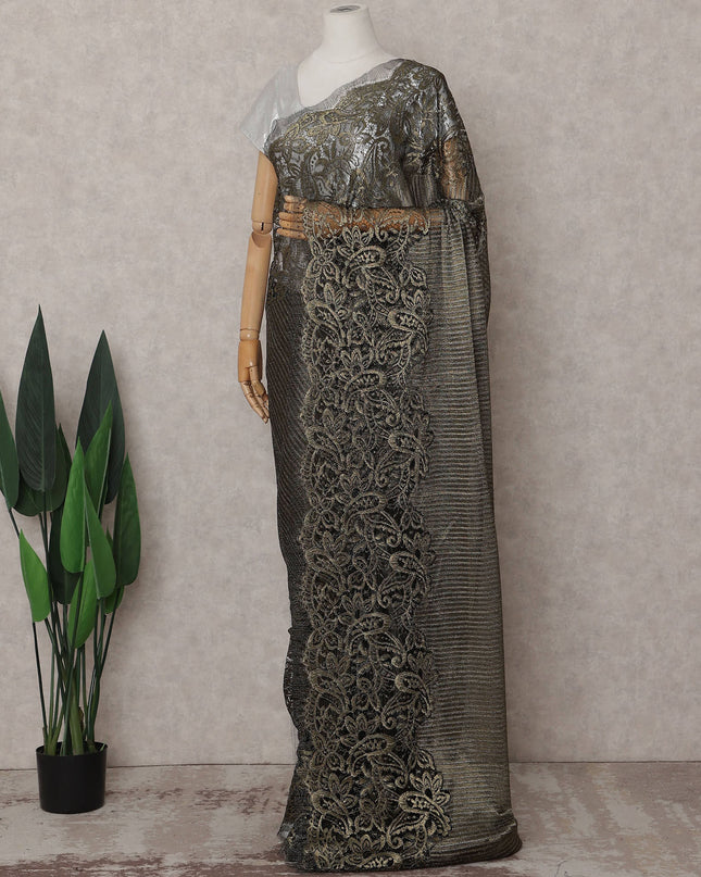 Onyx Black Gold Paisley French Lace Saree Fabric