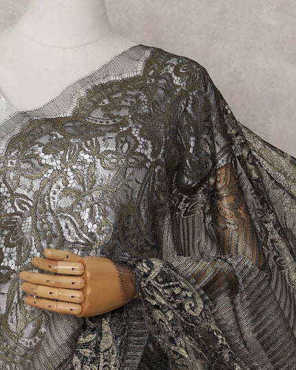Onyx Black Gold Paisley French Lace Saree Fabric