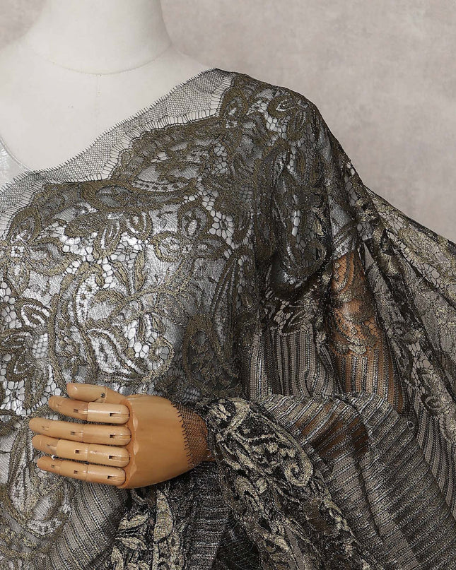 Onyx Black Gold Paisley French Lace Saree Fabric