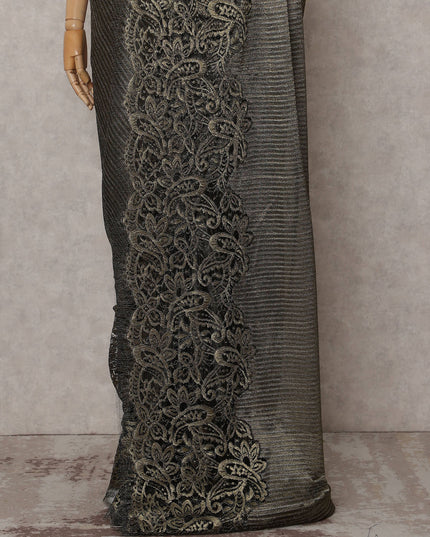 Onyx Black Gold Paisley French Lace Saree Fabric