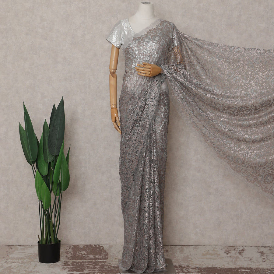 Warm Taupe Floral French Chantilly Lace Saree