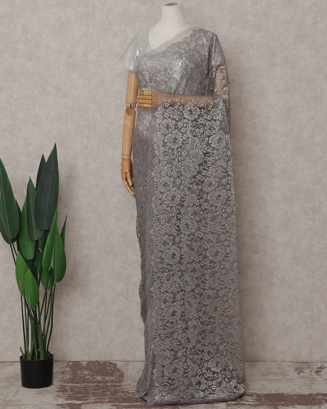 Warm Taupe Floral French Chantilly Lace Saree