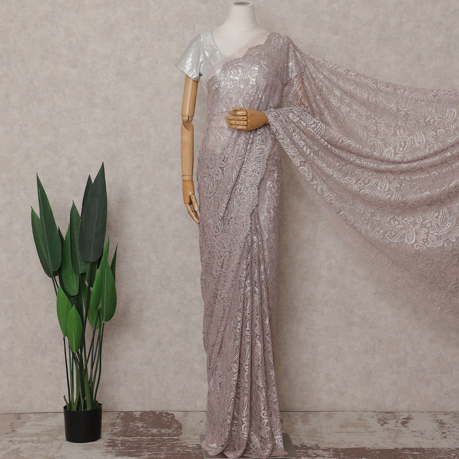 Dusty Mauve Floral French Chantilly Lace Saree