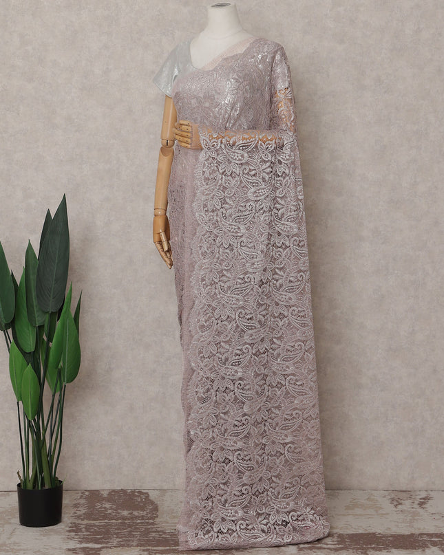 Dusty Mauve Floral French Chantilly Lace Saree