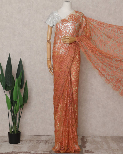 Coral Orange Chantilly Lace Saree - D31641