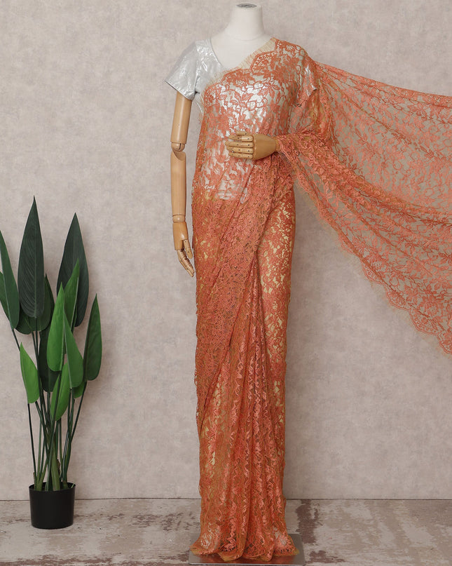 Coral Orange Chantilly Lace Saree - D31641