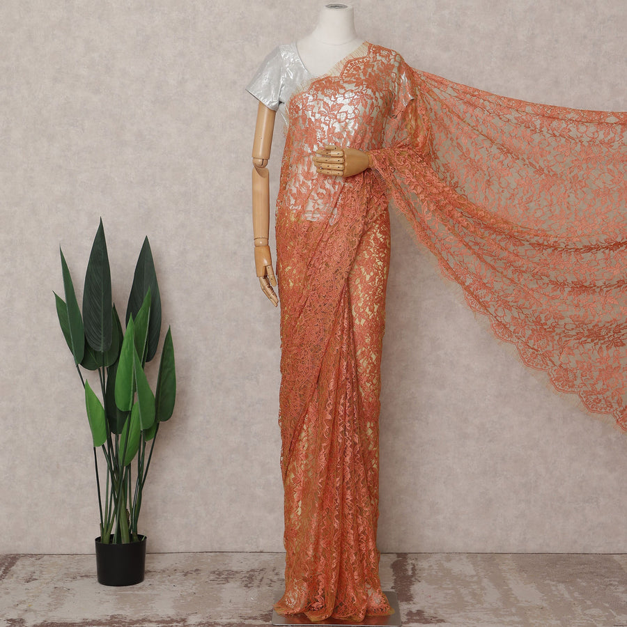 Coral Orange Chantilly Lace Saree - D31641