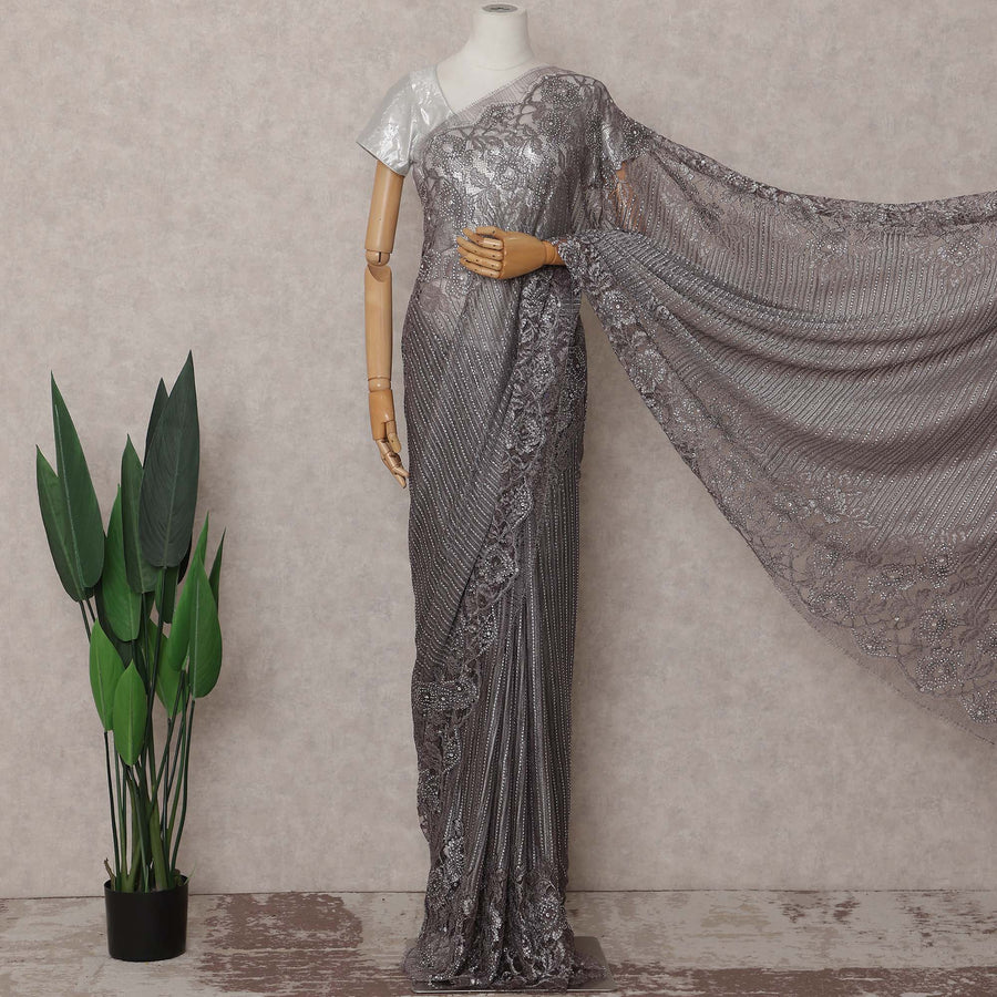 Charcoal Grey French Chantilly Lace Saree