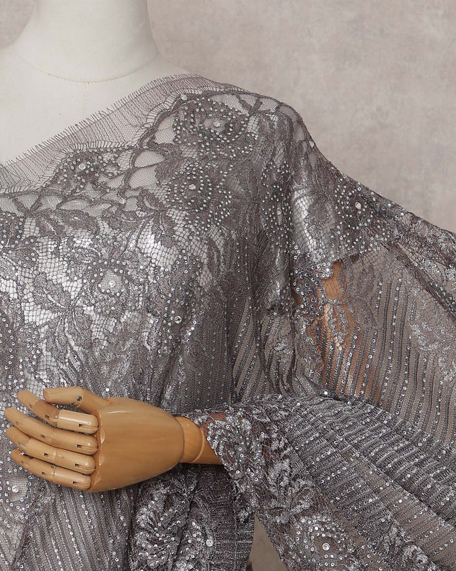 Charcoal Grey French Chantilly Lace Saree
