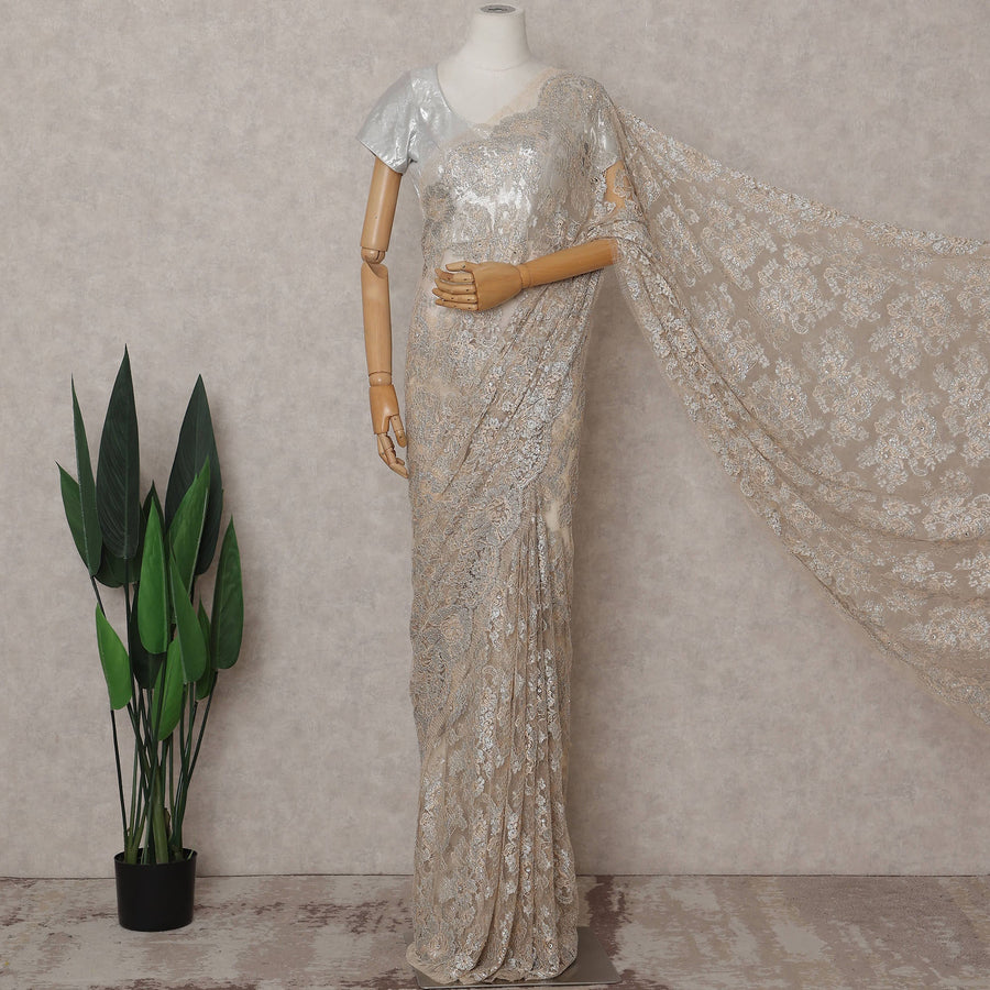 Champagne Gold Floral Metallic French Lace Saree Fabric
