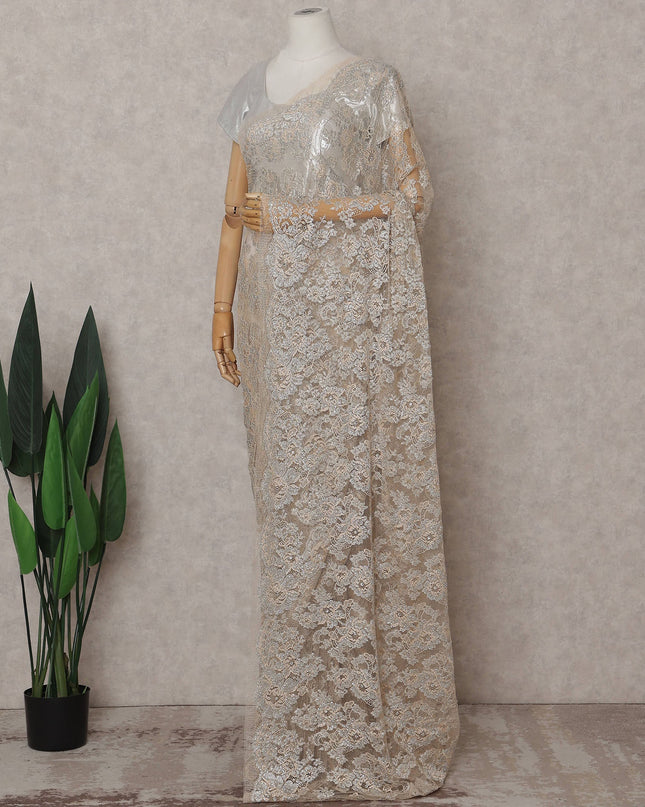 Champagne Gold Floral Metallic French Lace Saree Fabric