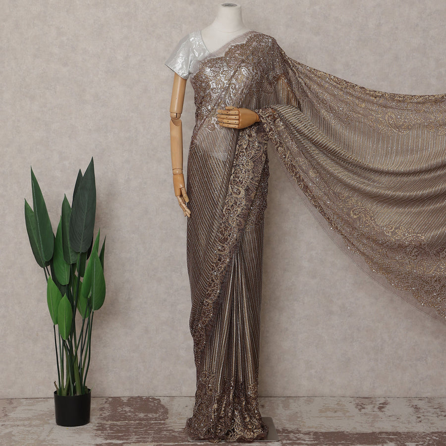 Bronze Brown French Chantilly Lace Saree