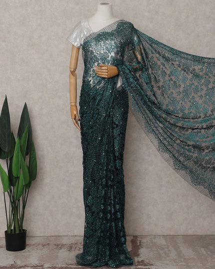 Emerald Teal Green Floral Metallic French Lace Saree Fabric