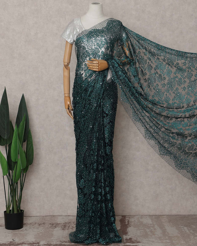 Emerald Teal Green Floral Metallic French Lace Saree Fabric