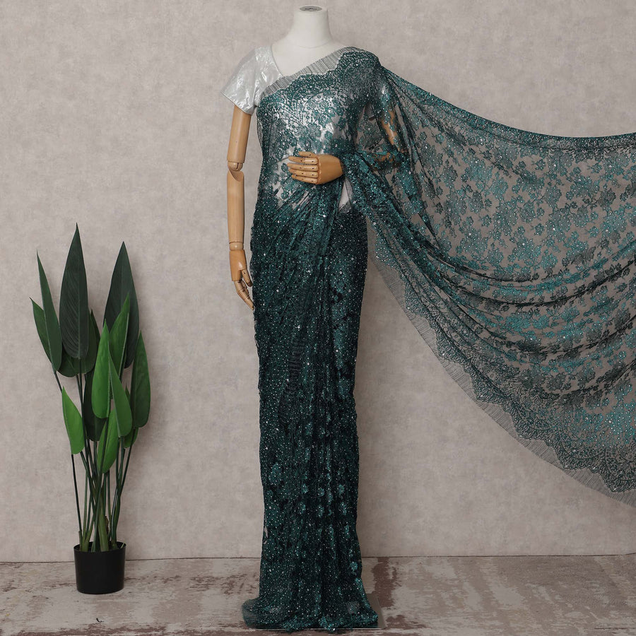 Emerald Teal Green Floral Metallic French Lace Saree Fabric
