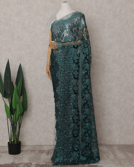 Emerald Teal Green Floral Metallic French Lace Saree Fabric