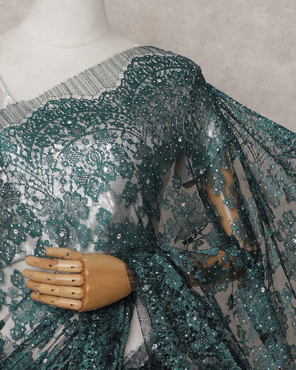 Emerald Teal Green Floral Metallic French Lace Saree Fabric