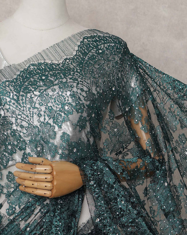 Emerald Teal Green Floral Metallic French Lace Saree Fabric