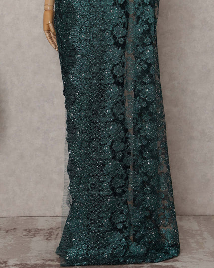 Emerald Teal Green Floral Metallic French Lace Saree Fabric