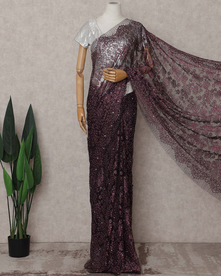 Aubergine Plum Floral Metallic French Lace Saree Fabric