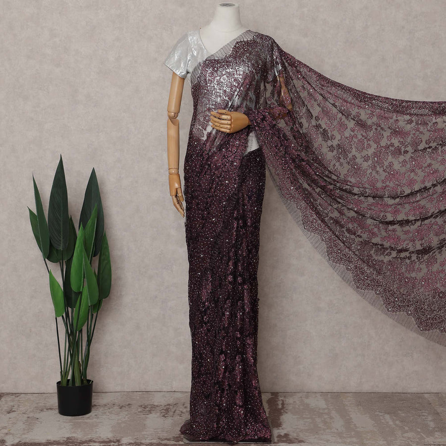Aubergine Plum Floral Metallic French Lace Saree Fabric