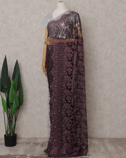 Aubergine Plum Floral Metallic French Lace Saree Fabric
