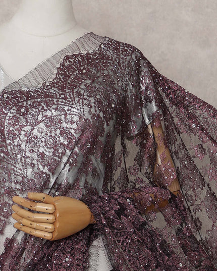 Aubergine Plum Floral Metallic French Lace Saree Fabric