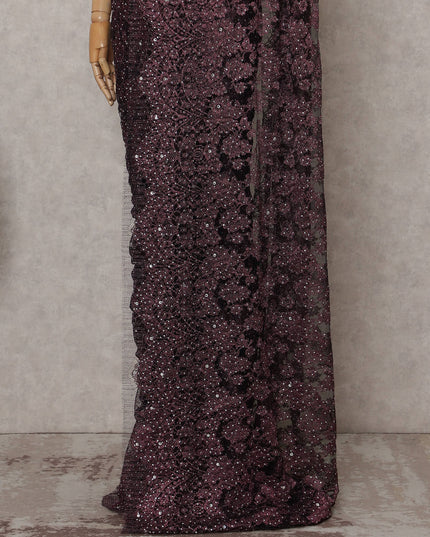 Aubergine Plum Floral Metallic French Lace Saree Fabric