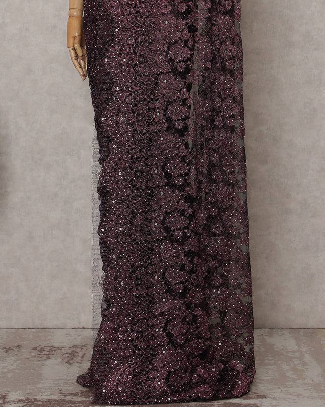 Aubergine Plum Floral Metallic French Lace Saree Fabric
