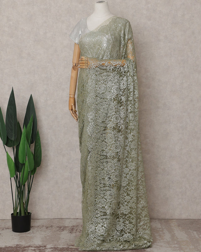Sage Green Chantilly Lace Saree - D31614
