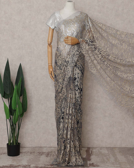 Antique Silver Grey with Gold Chantilly Lace Saree - D31618