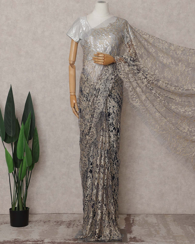 Antique Silver Grey with Gold Chantilly Lace Saree - D31618
