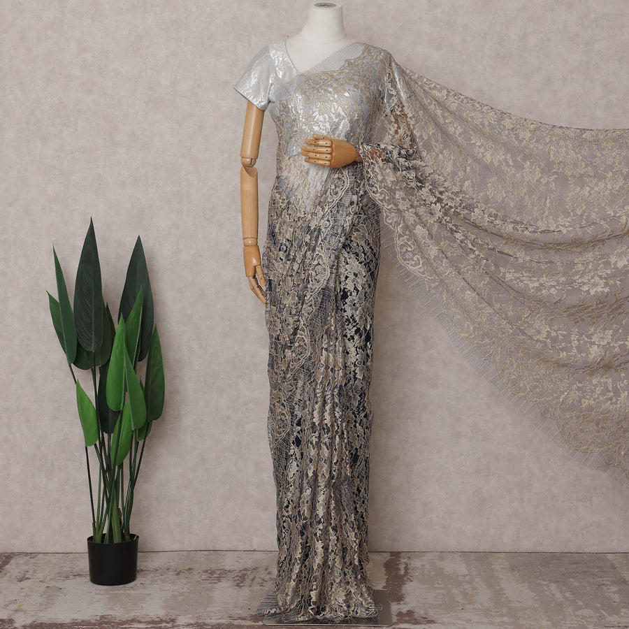 Antique Silver Grey with Gold Chantilly Lace Saree - D31618