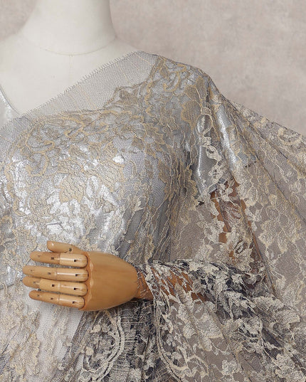 Antique Silver Grey with Gold Chantilly Lace Saree - D31618