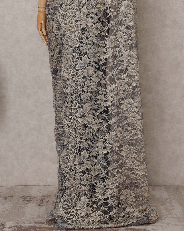 Antique Silver Grey with Gold Chantilly Lace Saree - D31618
