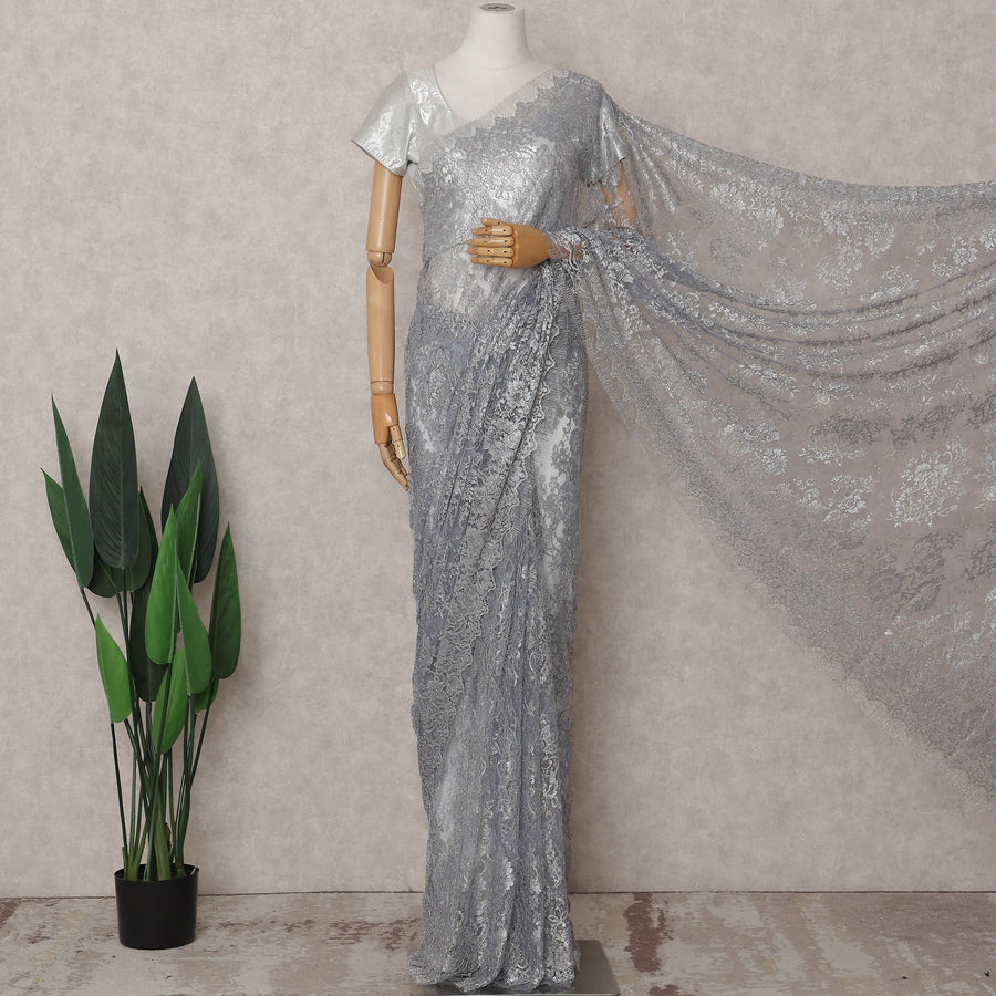 Steel Grey Chantilly Lace Saree - D31682