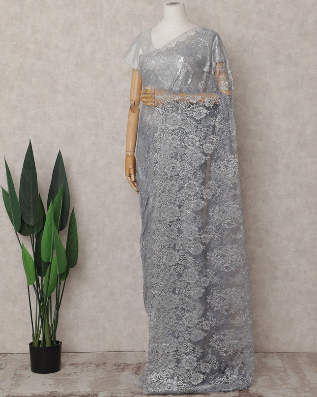 Steel Grey Chantilly Lace Saree - D31682