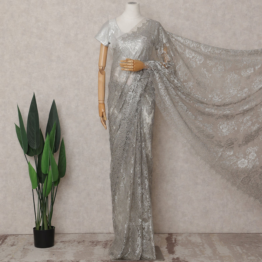 Metallic Silver Chantilly Lace Saree - D31671