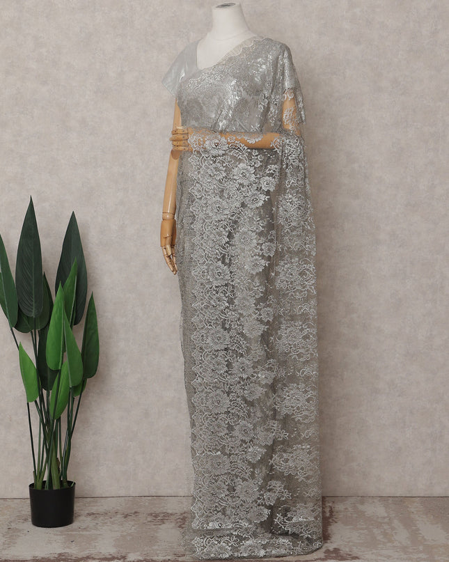 Metallic Silver Chantilly Lace Saree - D31671