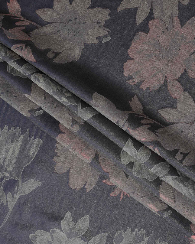 Navy Blue Floral Silk Satin Fabric 110cm