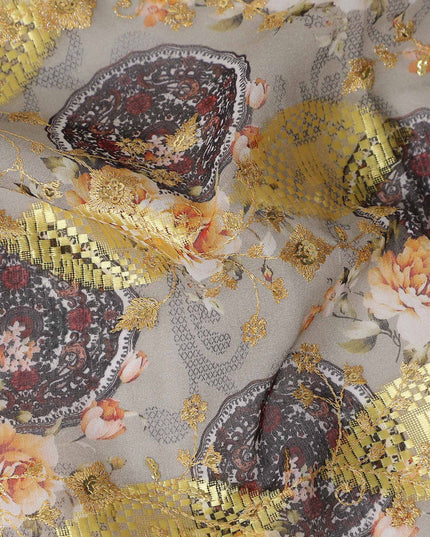 Grey Ornate Fancy Embroidery Cotton Voile 150cm