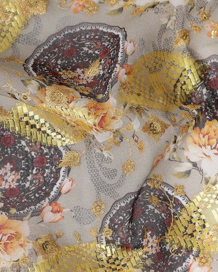 Grey Ornate Fancy Embroidery Cotton Voile 150cm