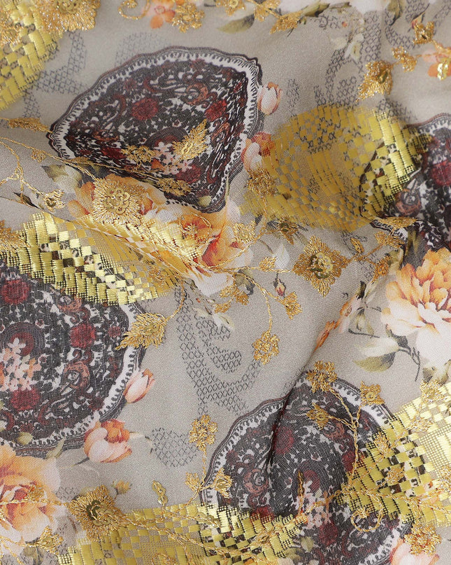 Grey Ornate Fancy Embroidery Cotton Voile 150cm