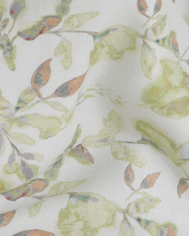 Buy White Leaf Design Cotton Linen 140cm