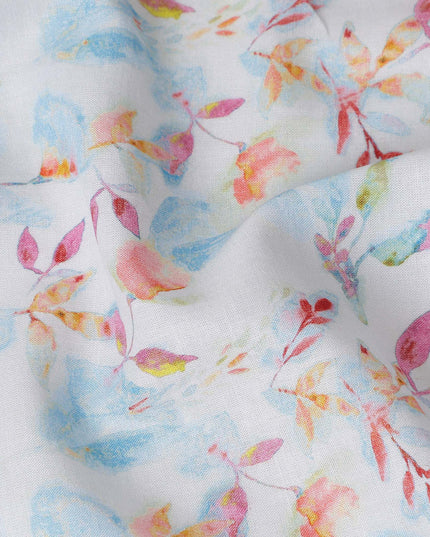 Buy White Leaf Design Cotton Linen 140cm