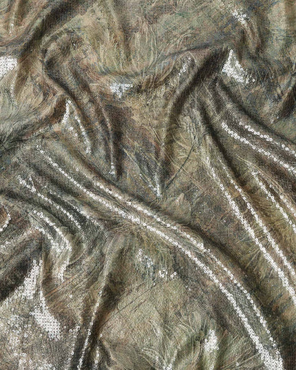 Olive Khaki Silk Brocade Fabric | Korean Sequin Design