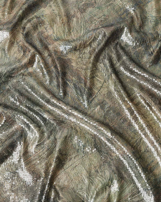 Olive Khaki Silk Brocade Fabric | Korean Sequin Design