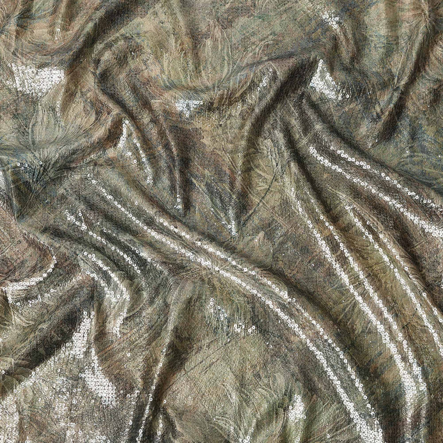 Olive Khaki Silk Brocade Fabric | Korean Sequin Design