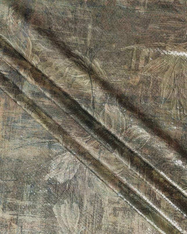 Olive Khaki Silk Brocade Fabric | Korean Sequin Design